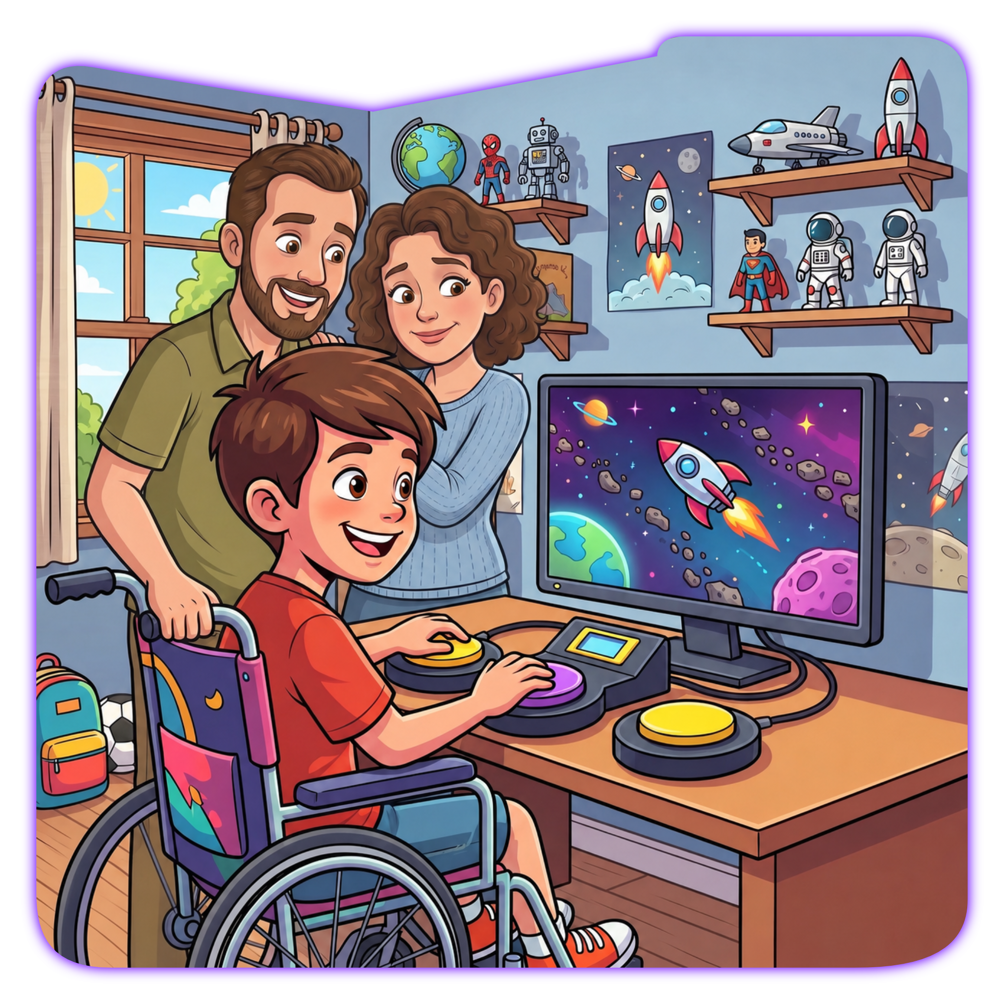 Criança em cadeira de rodas jogando um jogo espacial com os acionadores PluriPlay, acompanhada pelos pais